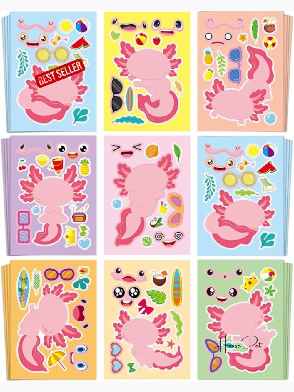 32 Axolotl Make-a-Face Stickers Mix 'n Match Craft Sheets for Kids
